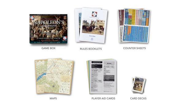 Collection of game components including a game box, rules booklets, counter sheets, maps, player aid cards, and card decks on a white background. From Napoleons Quagmire by OSG