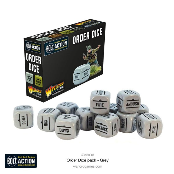 Bolt Action orders dice pack with dice and packaging on a white background