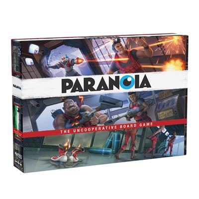 Paranoia by Modiphius Entertainment. Competitive science fiction board game. Box art.
