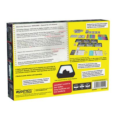 Paranoia by Modiphius Entertainment. Competitive science fiction board game. Back cover art