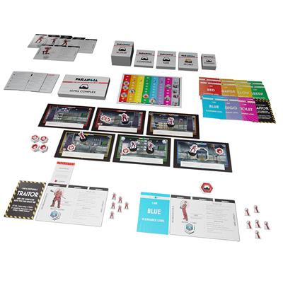 Paranoia by Modiphius Entertainment.  Game components