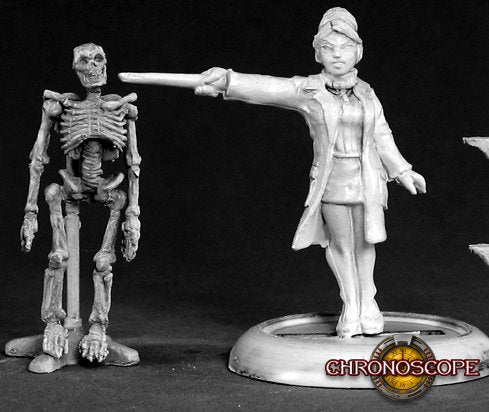 Miniature figure of a woman with a skeleton pointing at it, on a dark background with 'Chronoscope' branding. Reaper Miniatures Professor Laura Pringle Chronoscope metal line
