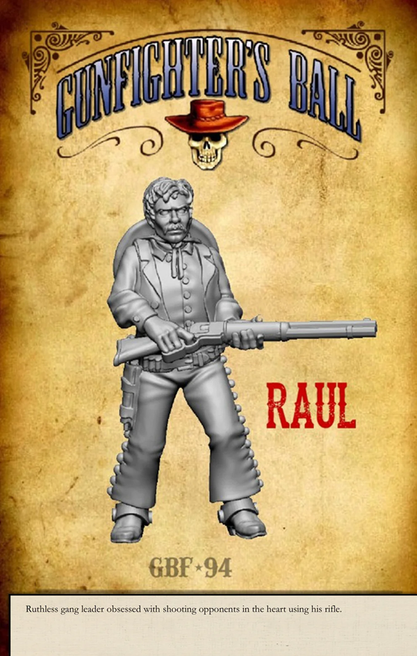 Knuckleduster Miniatures faction pack figure. Raul from the Linguine Faction from cinema. Lead-free pewter epic 28mm measures 32mm to top of head. Unpainted