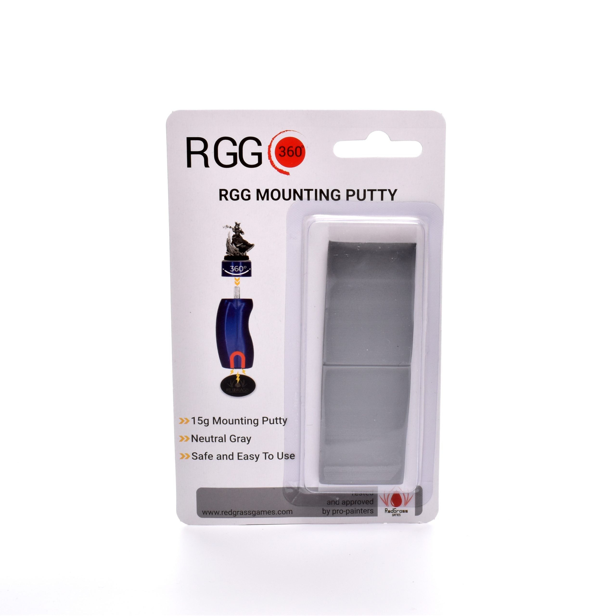 Packaging of RGG Mounting Putty with neutral gray putty inside on a white background
