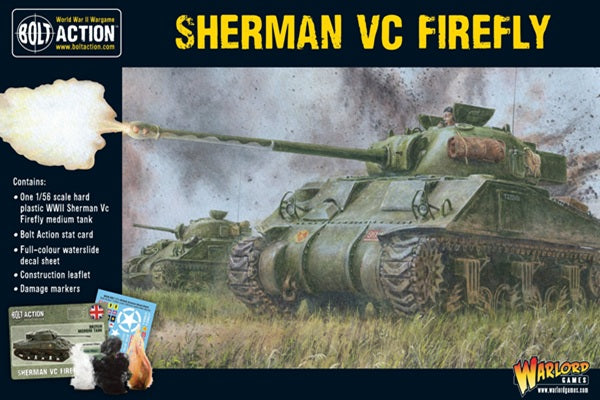 Bolt Action model tank kit for Sherman VC Firefly with packaging and accessories box art.