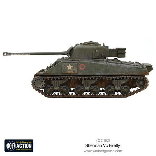 Bolt Action model of a Sherman VC Firefly tank on a white background with Warlord Games branding. Painted and assembled.
