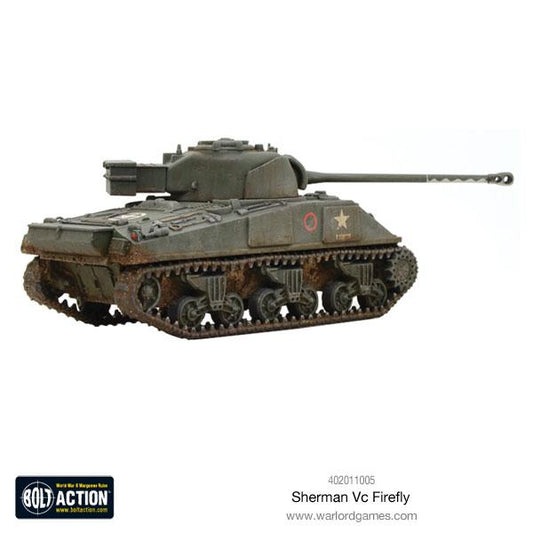 Bolt Action model of a Sherman VC Firefly tank on a white background with 'Bolt Action' branding. 3/4 view from the rear painted and assembled.