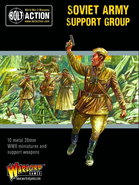 Bolt Action WW2 Soviet Army Support Group box art with soldiers and weapons on a green background