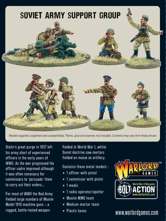 Bolt Action WW2 Soviet Army Support Group figurines with descriptive text on a Warlord Games packaging.