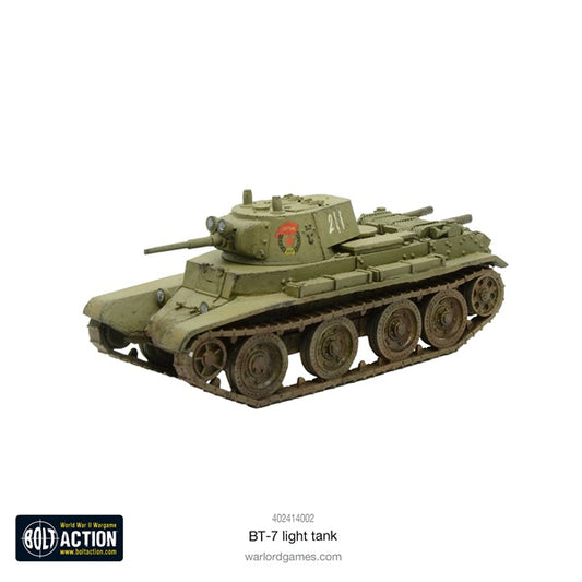 Bolt Action model of a BT-7 light tank on a white background with Warlord Games logo.