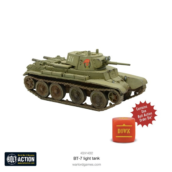 Bol t Action model of a BT-7 light tank with a die on a white background, featuring Warlord Games branding.