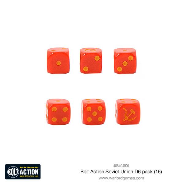 Soviet Union set of six red dice with yellow dots and a hammer and sickle symbol replacing the 6 on a white background, featuring the Bolt Action logo.