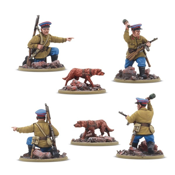 Set of miniature figures in military uniforms with a dog in the center on a white background