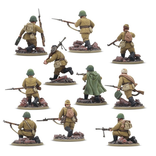 Soviet Union Bolt Action miniature soldiers in various poses on a white background. Painted rearview