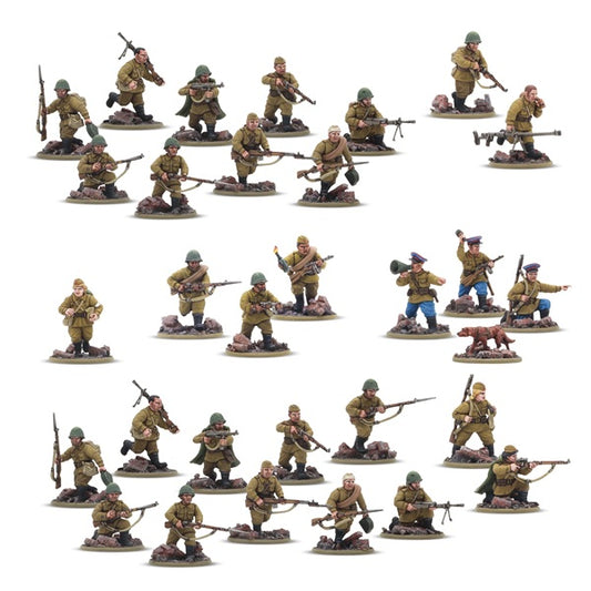 Bolt Action Soviet Union miniature soldiers in various poses with weapons on a white background. Painted 