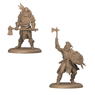 Two Storm Crows warrior figurines in a sand-colored material on a white background.