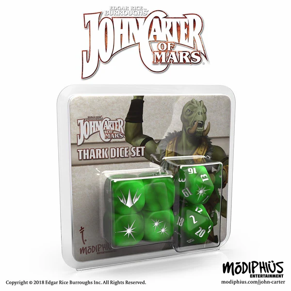 John Carter of Mars Thark dice set packaging with green dice and character illustration.