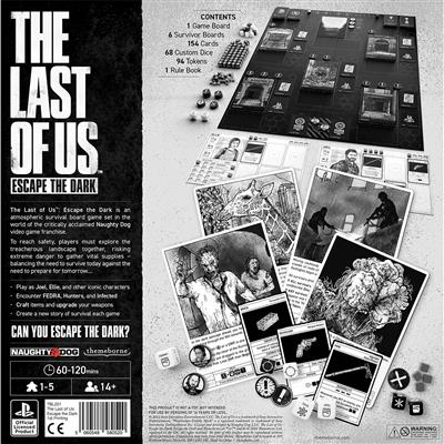 The Last of Us: Escape the Dark by Themeborne Games. Survival, horror board game. Box art rear cover in black and white