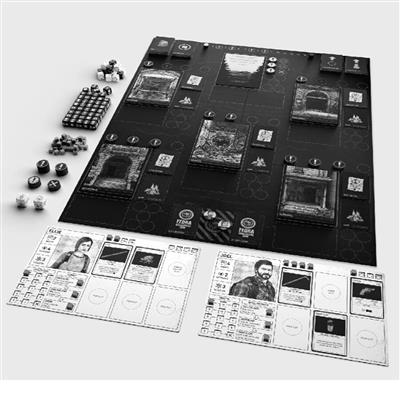 The Last of Us: Escape the Dark by Themeborne Games. Game board and components. Black and white image