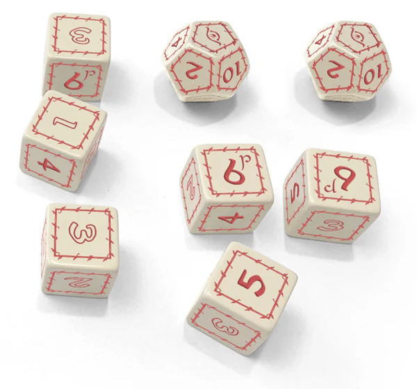 Set of dice with red numbers on a white background. For use with The One Ring rpg by Free League.