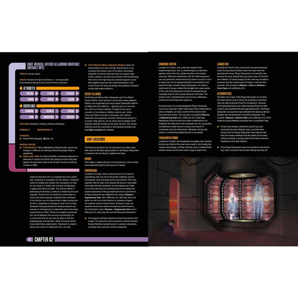 Book or magazine page with text and a futuristic interior scene on a white background. Star Trek Adventures These are the Voyages expansion.