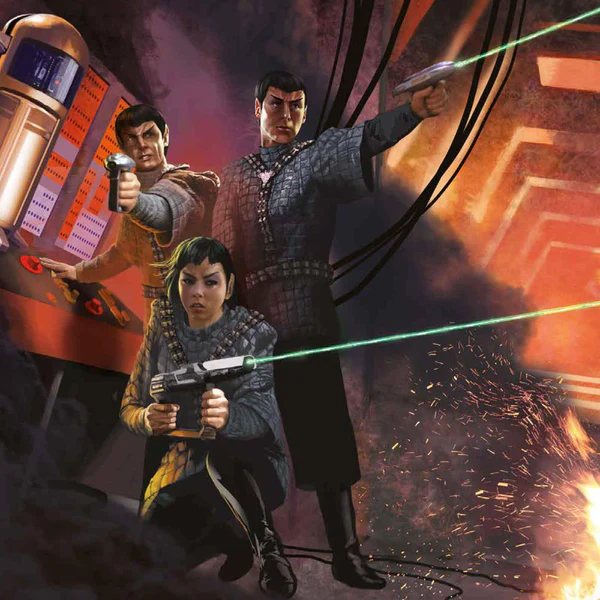 Three characters in a sci-fi setting with futuristic weapons and a robot. Interior of Star Trek Adventures: These are the Voyages expansion book