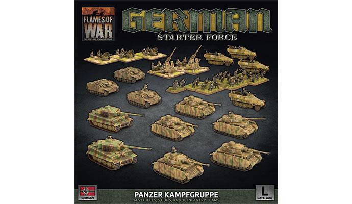 Flames of War: German Panzerkampfgruppe Miniature Starter Force. Showing the front cover with all the miniatures included in the box. World War 2, Historical, Miniatures.