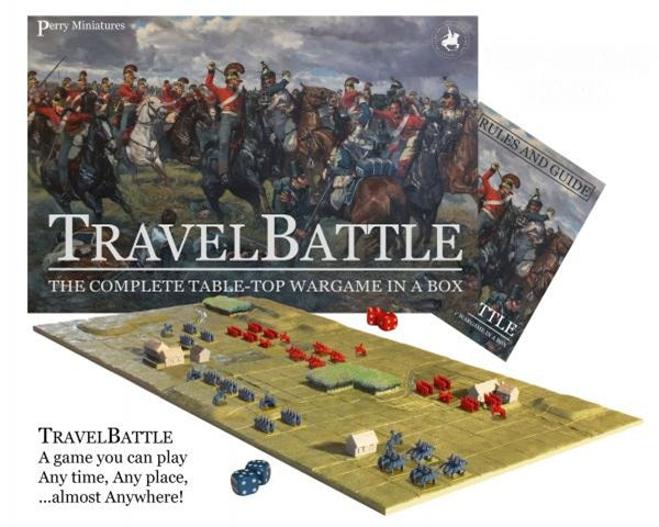 Travel Battle by Perry Miniatures. Portable Napoleonic miniature game. Plastic 8mm miniatures. Box art and components.