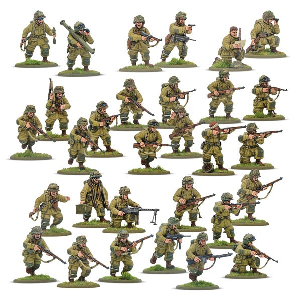 Bolt Action U.S. Airborne (D-Day) Platoon miniature soldiers in various poses with weapons on a white background