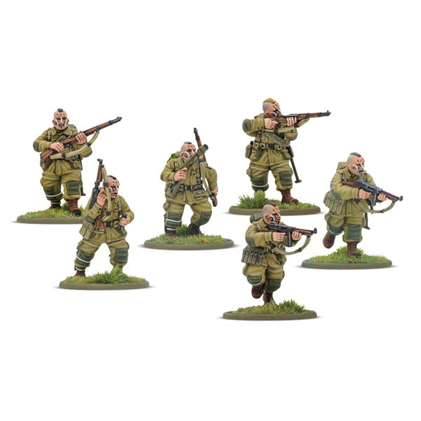 Set of Bolt Action U.S. Airborne (D-Day) Platoon miniature soldiers in military uniforms with weapons on a white background