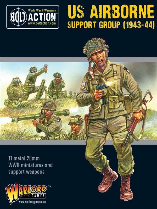 US Airborne Support Group packaging with soldiers and weapons, featuring Warlord Games branding.
