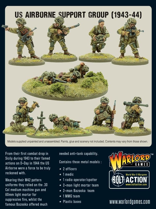 US Airborne Support Group figurines from 1943-44 with Warlord Games branding.