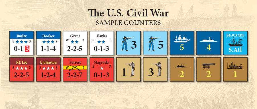 US Civil War (2nd printing) sample counters in 2 rows.