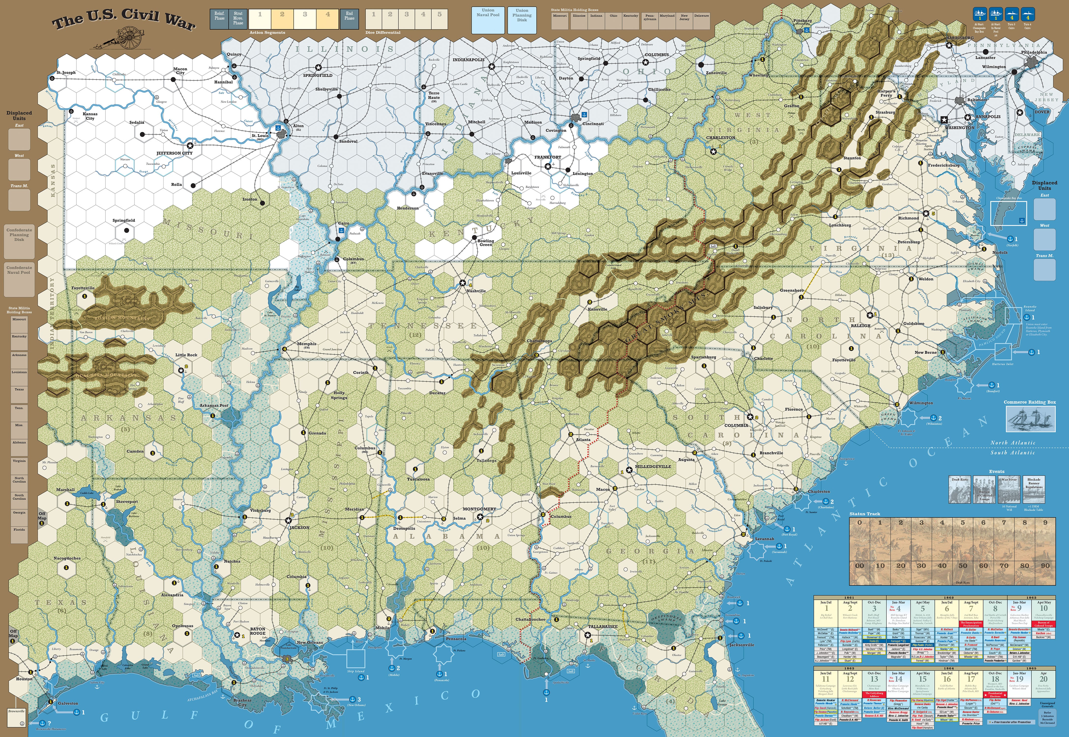 US Civil War (2nd printing) Game Map showing the southern portion of the United States during Civil war times.