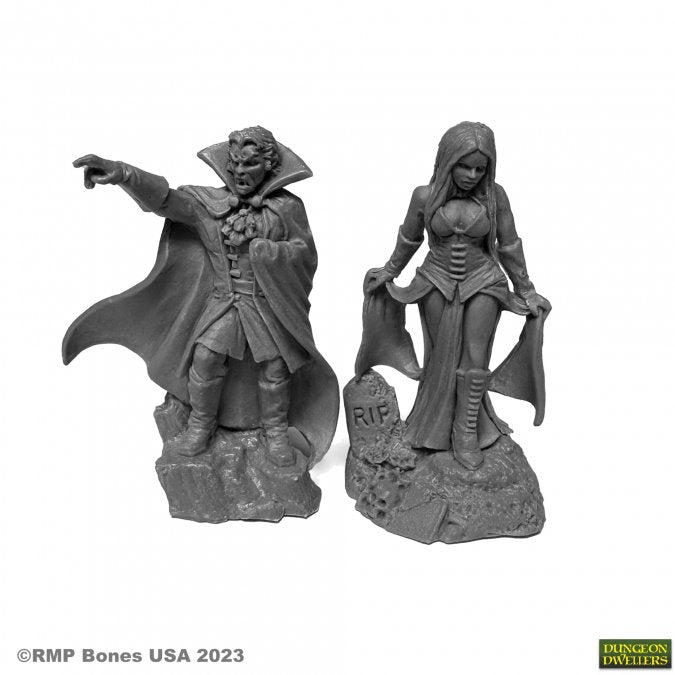 Two gray miniature figures on a white background with 'RMP Bones USA 2023' text. Reaper Miniatures Vampire Bloodlords