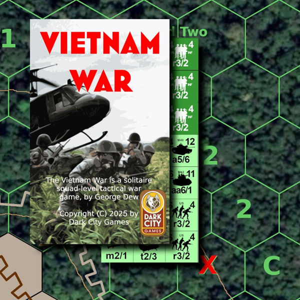 Vietnam War game cover art with soldiers and helicopter on a hexagonal grid background