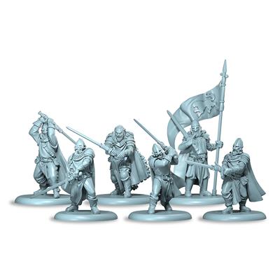 Gray miniature figures with weapons and flags of Winterfell Guards on a white background for A Song of Ice and Fire.