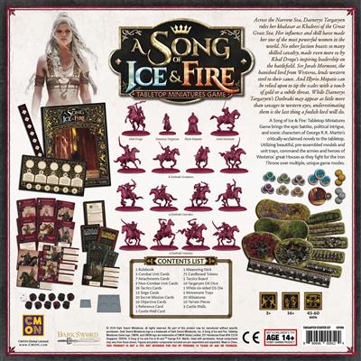 A SONG OF ICE & FIRE: TARGARYEN STARTER SET Back Cover showing contents, description of game, and miniatures