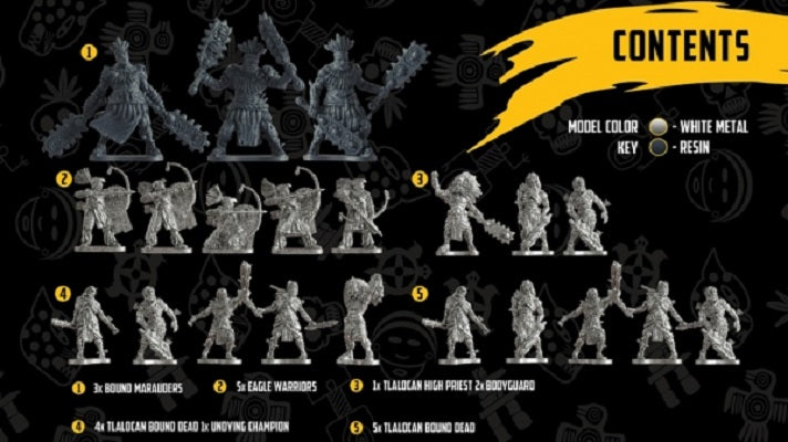 Mythic Earth: Aztecs - Aztec Starter Force. Includes: 1 High Priest with 2 Tlalocan-Bound Dead bodyguards (3 models). 2 Five-man Units of Tlalocan-Bound Dead warriors (10 models). 1 Five-man Unit of Eagle Warriors (5 models). 1 Three-man Unit of Tlalocan-Bound Marauders (3 models) Unpainted