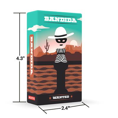 Bandida board game. Show the front cover of the game box, the bandida standing with a desert background behind her