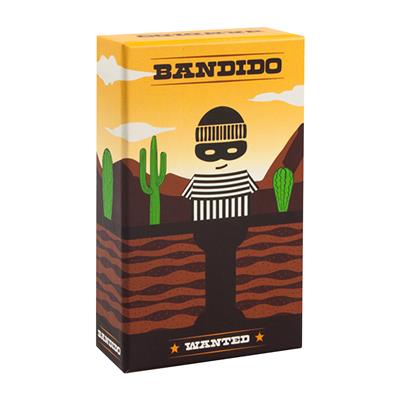 Bandido front cover of game box. The bandido is standing with a desert background behind him