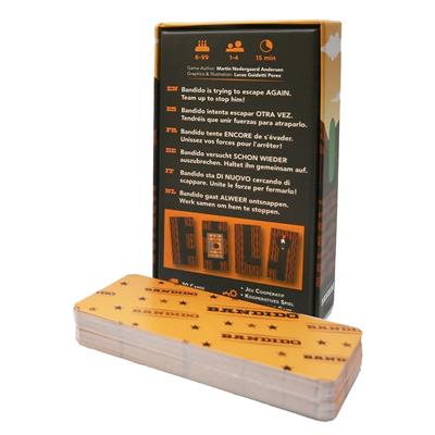 Bandido card box back cover showcasing instructions with some cards laid out beside it