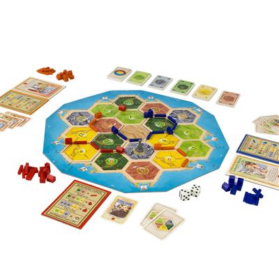 Catan Family Edition - What is in the box - showing the game board, cards, and dice