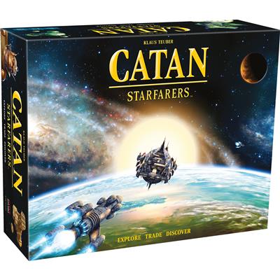 CATAN - STARFARERS 2ND EDITION science fiction, family board game. Showing the front cover of 2 spaceships navigating the wide open spaces