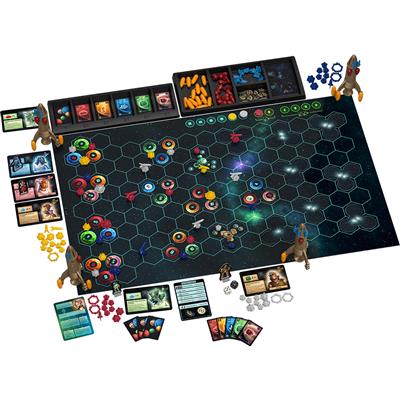 CATAN - STARFARERS 2ND EDITION game board. showcasing the game cards and accessories