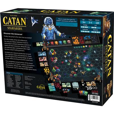 CATAN - STARFARERS 2ND EDITION back cover of the game box. Showcasing instructions and potential game play