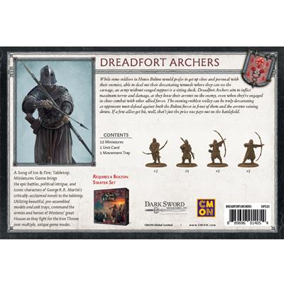 a song of ice and fire: dreadfort archers back cover showing miniatures, contents, and description of game