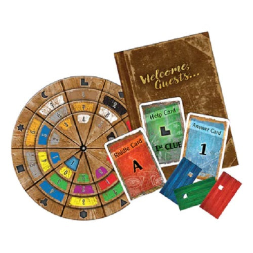 Exit: The Abandoned Cabin Game Contents. Showing cards, a welcome guest book