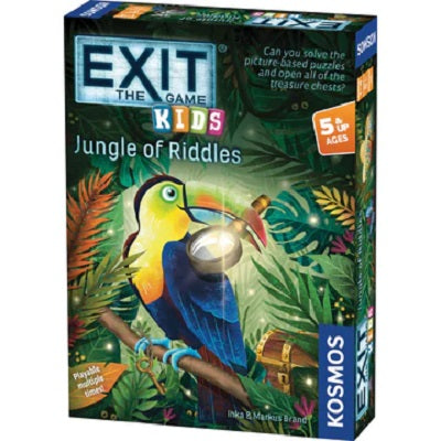 Exit Kids: Jungle of Riddles Front Cover Showing a Tucan holding a magnifying glass
