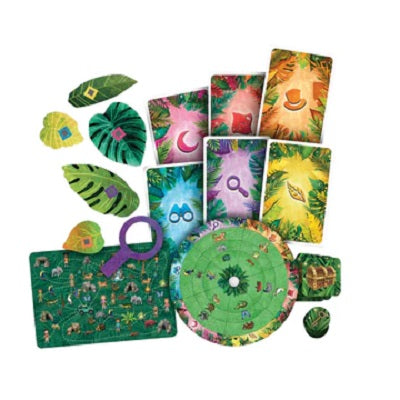 Exit Kids: Jungle of Riddles contents. Showing cards, accessories and more